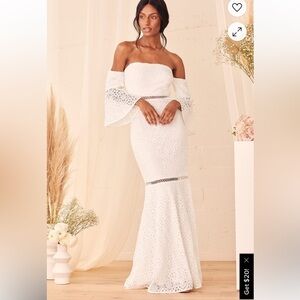Lulu’s “Favorite Song” White Lace Off-Shoulder Dress